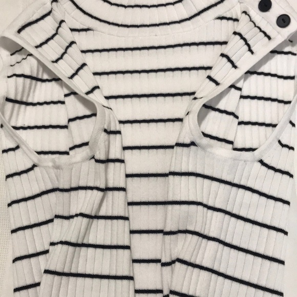 Talbots White Black Stripe Sleeveless Ribbed Mock Neck Sweater SP - Picture 8 of 14